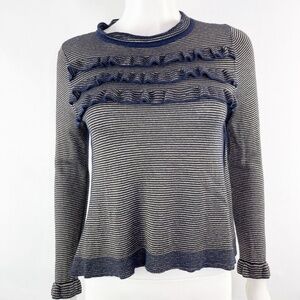 Marella Blue Ruffle Knit Sweater Size XS Gold Stripes Preppy Holiday Jumper